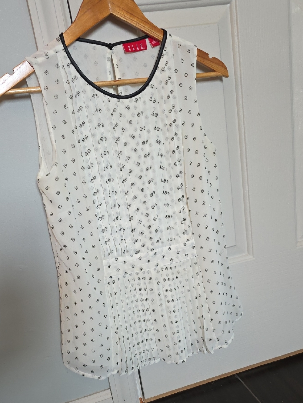 ELLE White Sleeveless Pintuck Dot-Print Camisole with Black Trim
